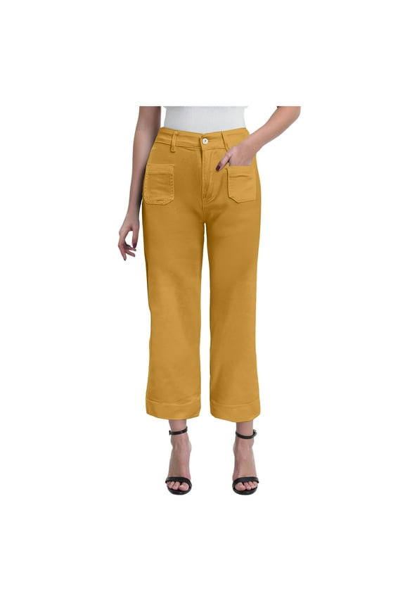 Wide Leg Jeans for Women High Waist Baggy Stretchy Flared Jeans Trendy Cropped Denim Jeans Pants with Pocket Yellow, M