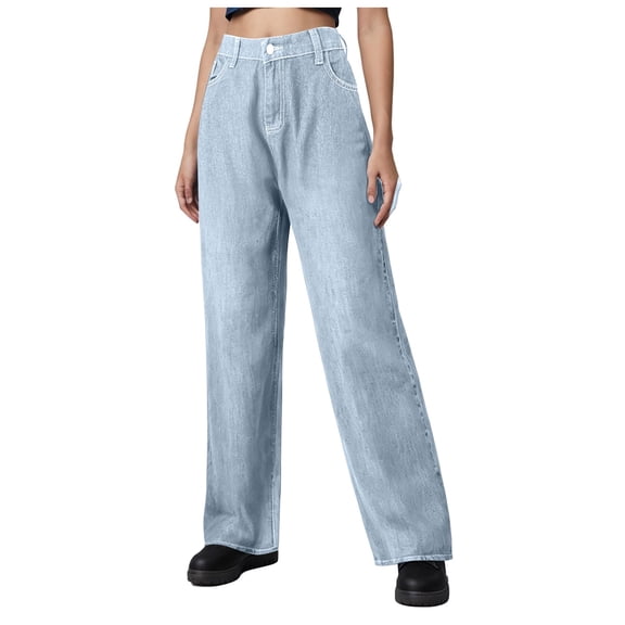 YDFCWXW Wide Straight Leg Jeans for Women High Waist Baggy Elastic Loose Fit Retro Stretchy Soft Casual Denim Pants (BU2, L)