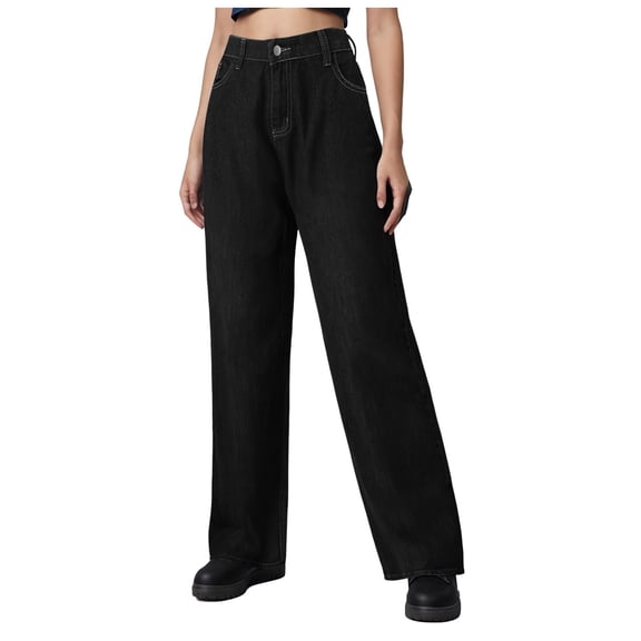 YDFCWXW Wide Straight Leg Jeans for Women High Waist Baggy Elastic Loose Fit Retro Stretchy Soft Casual Denim Pants (Black, XL)