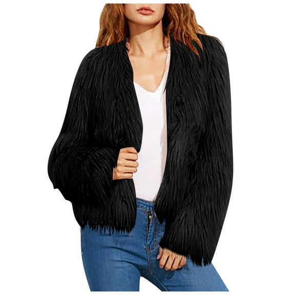 YDFCWXW Winter Fluffy Women's Shaggy Jacket Long Sleeve Outwear Black, M
