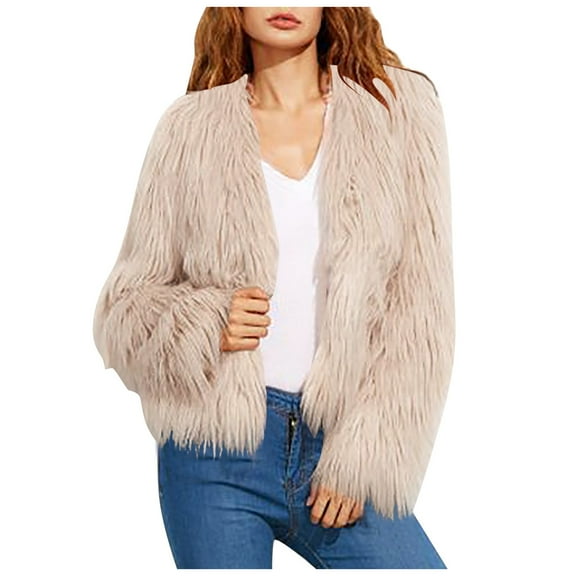 YDFCWXW Winter Fluffy Women's Shaggy Jacket Long Sleeve Outwear Khaki, XL