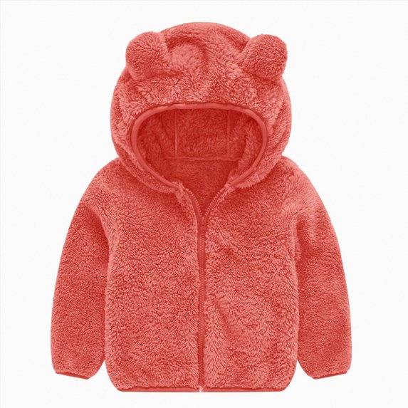 YDFCWXW Winter Warm Hooded Fleece Jacket Teddy Coat for Toddler Boys Girls, Zip-up Ear Sweater Solid Color Cozy Outwear (Watermelon Red, 12-18 Months)