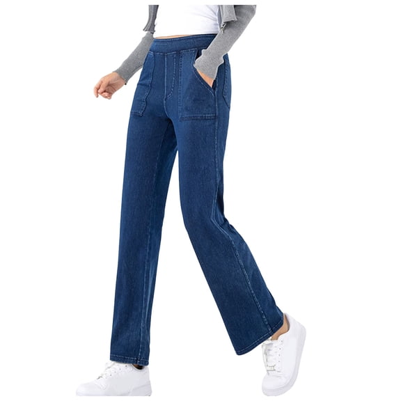 YDFCWXW Woman's Jean Pants High Waisted Stretchy Slim Straight Leg Pants Trendy Vintage Casual Baggy Denim Pant Dark Blue, S
