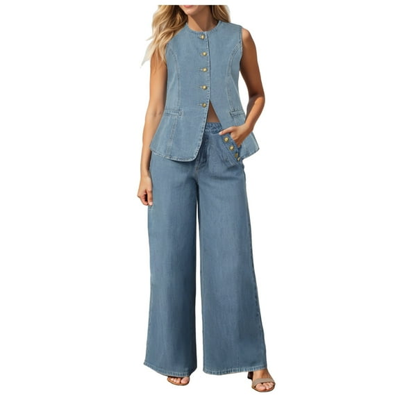 YDFCWXW Women 2 Piece Denim Set Button Sleeveless Jean Vest Denim Top Y2k Shirt Wide Leg Jeans Palazzo Pants Outfits Blue, L