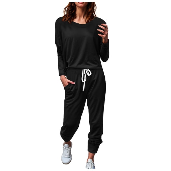YDFCWXW Women 2 Piece Lounge Outfit Fall 2025 Long Sleeve Tops and Sweatpants Jogger Set Casual Comfy Tracksuit Black, 4XL
