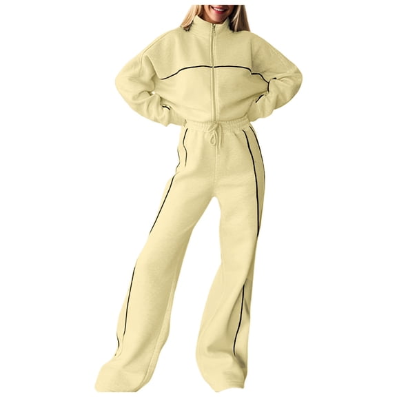 YDFCWXW Women 2 Piece Outfits Fall Lounge Matching Set Zip Up Sweatshirt Jacket and Sweatpants Sweatsuit Sets Travel Clothes Beige, XL