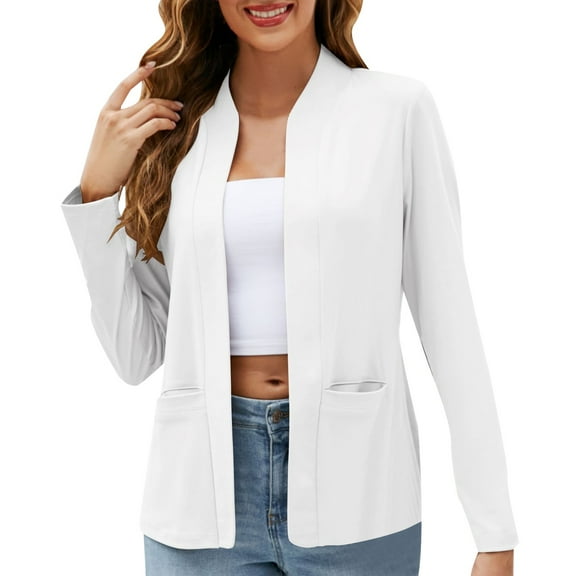 YDFCWXW Women 3/4 Sleeve Blazer Open Front Cardigan Jacket Work Office Blazer with Pockets White, M