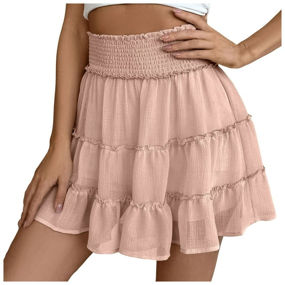 YDFCWXW Women Chiffon Skirts High Waist Ruffle Mini Skirts Tennis Golf Skirt Boho Summer Tiered Skirts with Built-in Shorts Pink, S