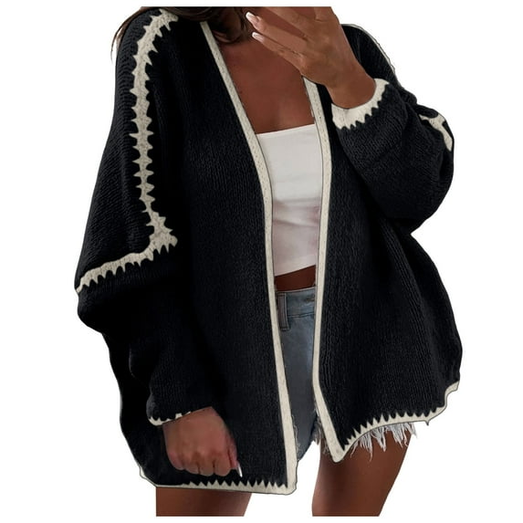 YDFCWXW Women Fall Open Front Color Block Cardigan Sweater Casual Striped Knit Oversized Cardigan Black, S