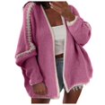thumbnail image 1 of YDFCWXW Women Fall Open Front Color Block Cardigan Sweater Casual Striped Knit Oversized Cardigan Hot Pink, L, 1 of 9