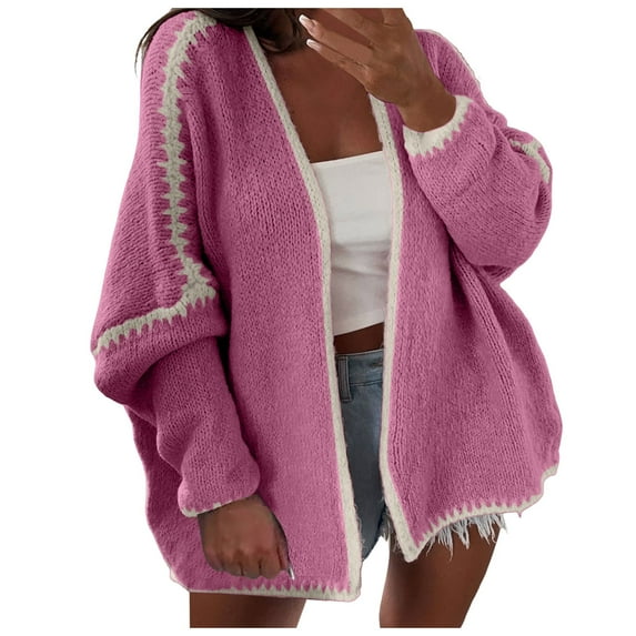 YDFCWXW Women Fall Open Front Color Block Cardigan Sweater Casual Striped Knit Oversized Cardigan Hot Pink, L