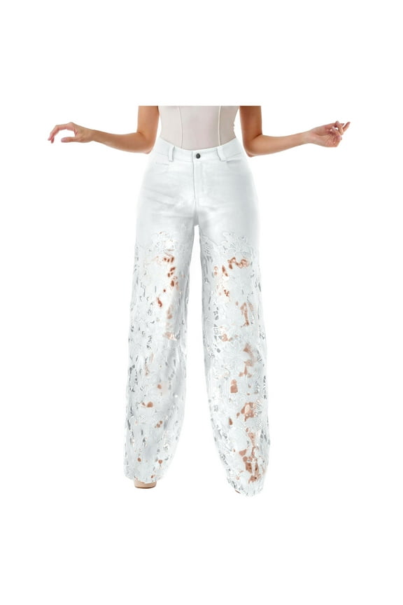 Women High Waisted Jeans Straight Leg Denim Pants Causal Patchwork Jean Denim Pant with Lace Fashion Trouser with Pockets White, XS