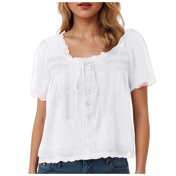 YDFCWXW Women Lace Button up Shirt Short Sleeve Ruffle Blouse Y2k Going Out Tops Flowy Clothes White, L