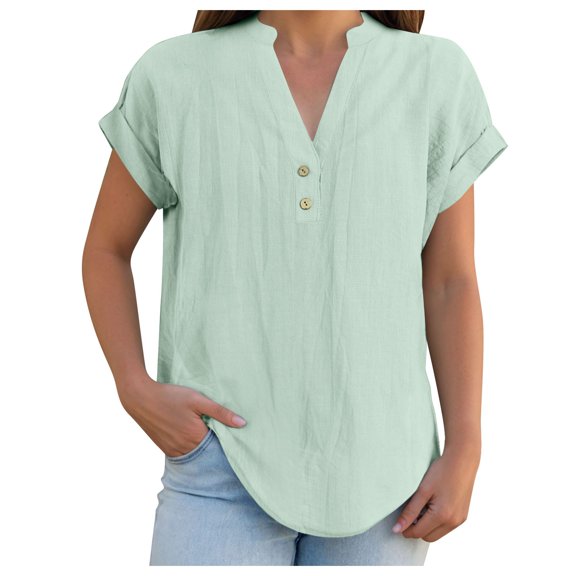 YDFCWXW Women Linen Summer Tops Trendy 2025 Gauze Shirts Blouse Short Sleeve V Neck Tunic Loose Fit Boho Clothes Green, 3XL