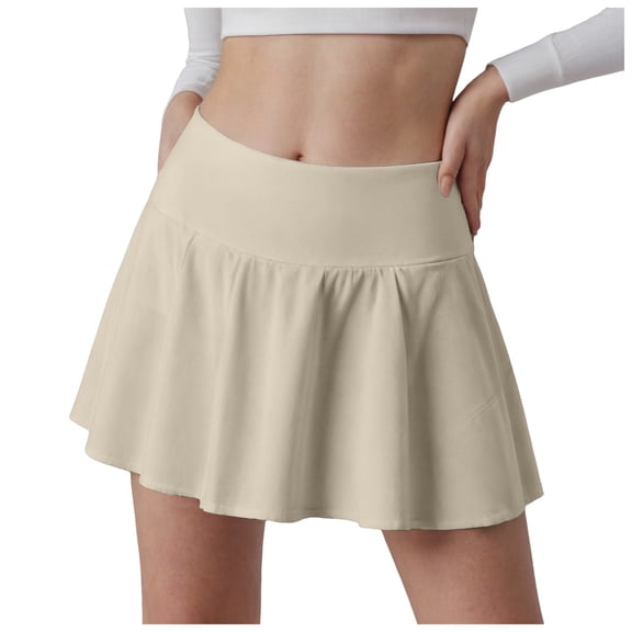 YDFCWXW Women Mini Tennis Skirts with Shorts High Waisted Golf Skirts Pleated A Line Short Skirt Flowy Workout Sport Athletic Skorts Beige, S