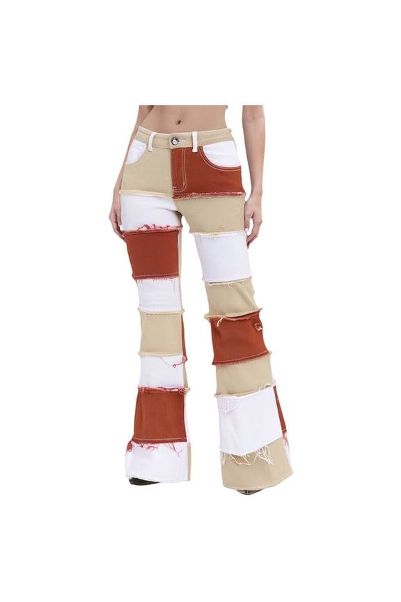 Women Patchwork Flare Jeans Stretch High Waisted Bell Bottom Raw Hem Denim Pants Khaki, S