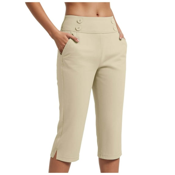 YDFCWXW Women Pull-on Stretch Capri Pants High Waisted Crop Pants Casual Capris Yoga Pants Beige, XXL