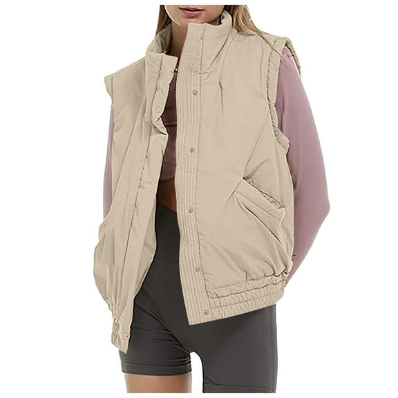YDFCWXW Women Sleeveless Puffer Vest Cropped Lightweight Quilted Gilet with Button Down Outerwear with Pockets (Beige, L)