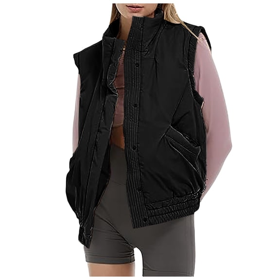 YDFCWXW Women Sleeveless Puffer Vest Cropped Lightweight Quilted Gilet with Button Down Outerwear with Pockets (Black, L)