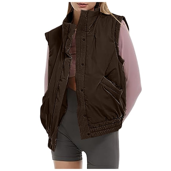 YDFCWXW Women Sleeveless Puffer Vest Cropped Lightweight Quilted Gilet with Button Down Outerwear with Pockets (Brown, S)