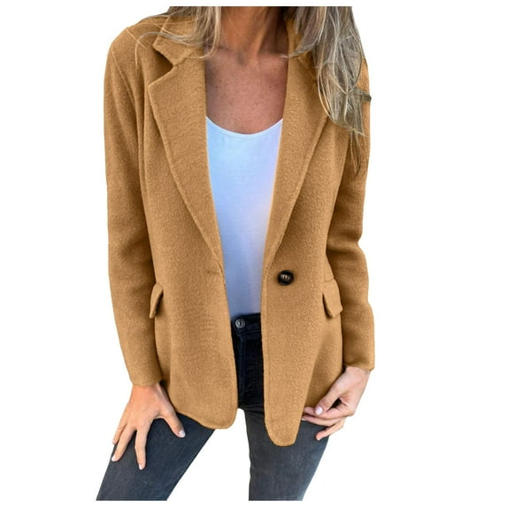 YDFCWXW Women Solid Color Blazer Wool Blend Causal Business Office Open Front Blazers Jacket for 2025 Fall Khaki, L