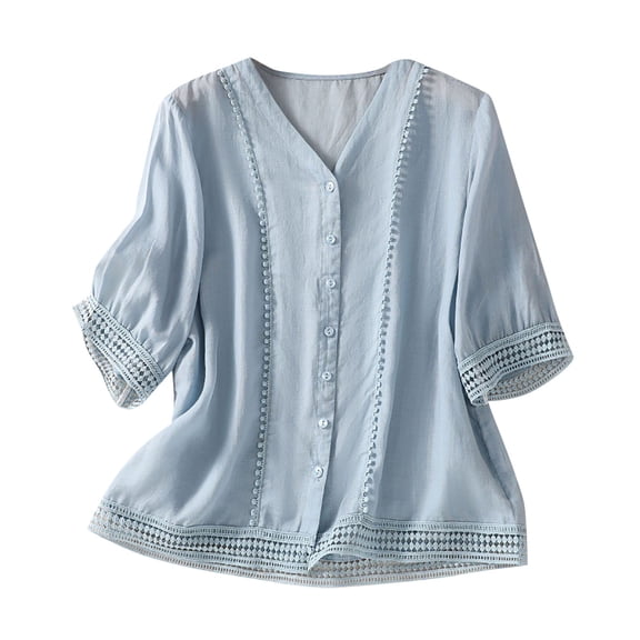 YDFCWXW Women Summer Cotton Linen Shirt V Neck Short Sleeve Button Down Lace Crochet Blouse Casual Top Blue, L