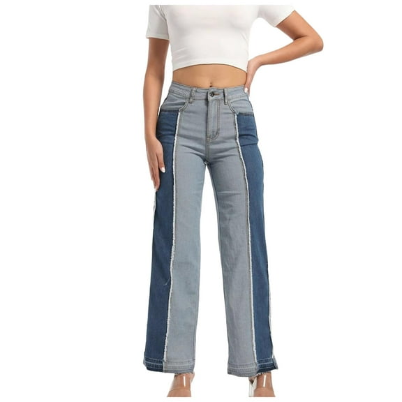 YDFCWXW Women Wide Leg Jeans High Rise Straight Leg Pants Casual Color Block Jean Trousers with Pockets Casual Denim Pants Blue, XL