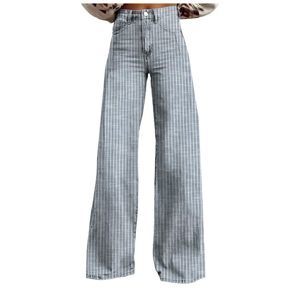 YDFCWXW Women Y2K Striped Jeans High Waist Button Wide Leg Casual Denim Pants Bootcut Flare Boyfriend Trousers with Pockets Blue, S