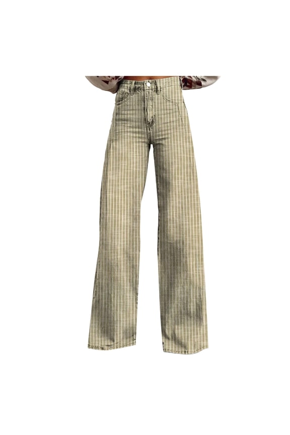 Women Y2K Striped Jeans High Waist Button Wide Leg Casual Denim Pants Bootcut Flare Boyfriend Trousers with Pockets Yellow, M