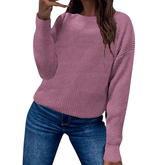 YDFCWXW Women's 2025 Long Sleeve Waffle Knit Pullover Sweater Crew Neck Solid Color Jumper Tops Purple, XXL