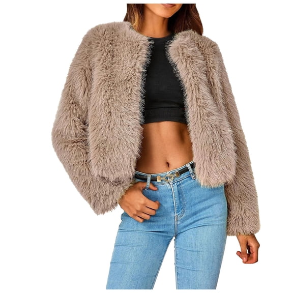 YDFCWXW Women's 2025 Winter Coats Fleece Cropped Jacket Faux Fur Long Sleeve Pockets Shaggy Warm Outerwear Fall Clothes Khaki, L