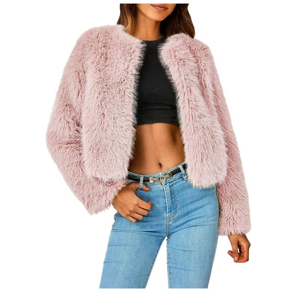 YDFCWXW Women's 2025 Winter Coats Fleece Cropped Jacket Fur Long Sleeve Pockets Shaggy Warm Outerwear Fall Clothes Pink, S