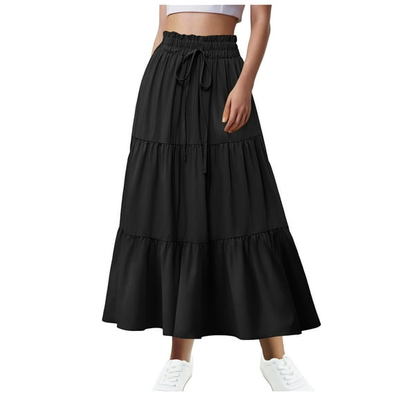 YDFCWXW Women's Boho Flowy Swing Tiered A-Line Maxi Skirt 2025 Fashion Trendy Elastic Waist Pleated Long Dress Black, M