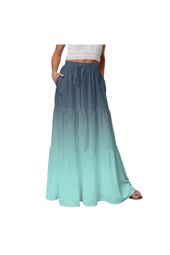 Women's Boho Maxi Skirt A-Line Flowy Ruffle Tiered Elastic High Waist Beach Long Skirts with Pockets Mint Green, XXL