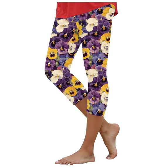 YDFCWXW Women's Capri Leggings Floral Printed Plus Size Capris High Waist Knee Length Slim Fit Cropped Legging for Yoga Dark Purple, M