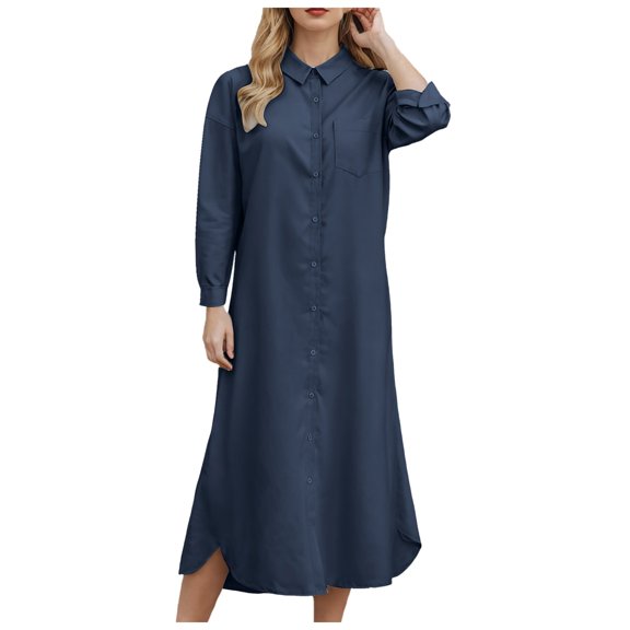 YDFCWXW Women's Casual Button Down Maxi Shirt Dress Long Sleeve Button Up Tunic Long Dress Fall Fashion (Navy, S)