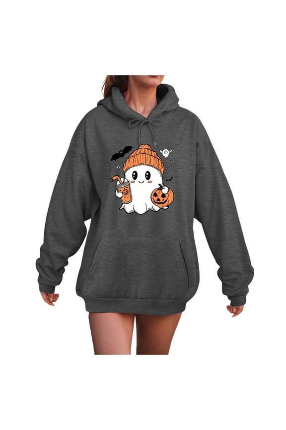 Women's Casual Halloween Hoodie - Cute Ghost & Pumpkin Print Pullover Sweatshirt, Fall Long Sleeve Hooded Fleece Top with Pocket Grey, 3XL