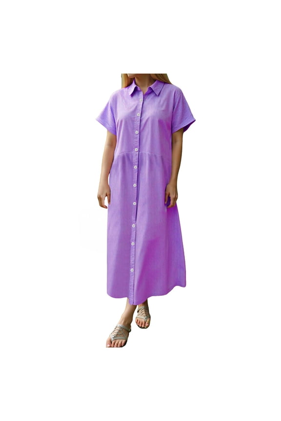 Women's Casual Loose Fit Short Sleeve Solid Button Up Shirts Dresses Collared Lapel Maxi Dresses Fashion Clothes (Purple, 3XL)