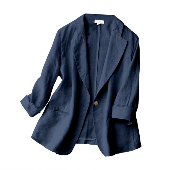 YDFCWXW Women's Casual One Button Linen Blazer Jackets Lapel 3/4 Sleeve Suit Blazer Navy, 3XL