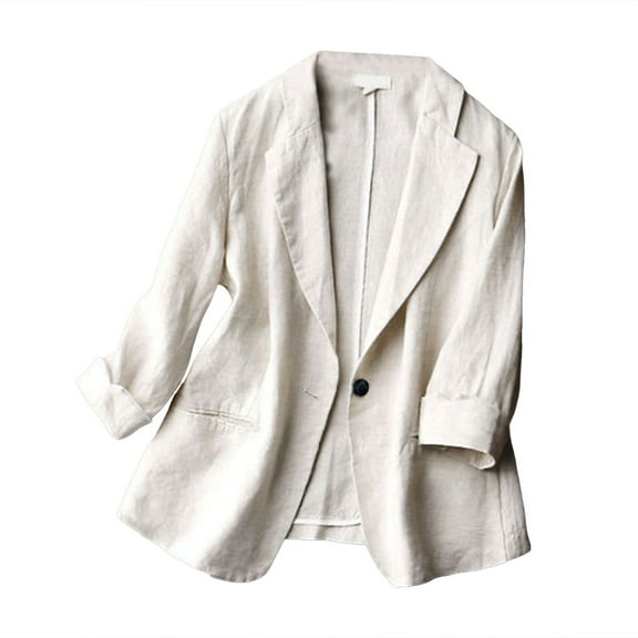 YDFCWXW Women's Casual One Button Linen Blazer Jackets Lapel 3/4 Sleeve Suit Blazer White, XL