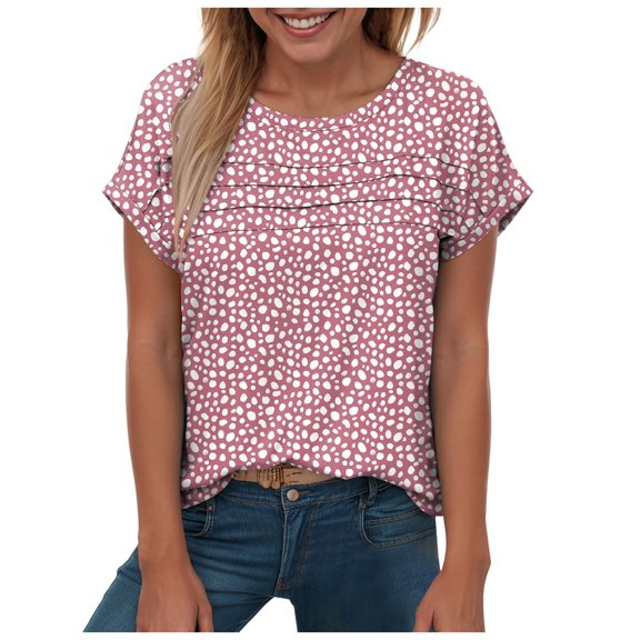 YDFCWXW Women's Casual Print Crew Neck Short Sleeve Summer Shirts Tops Loose Blouses Pink, XL