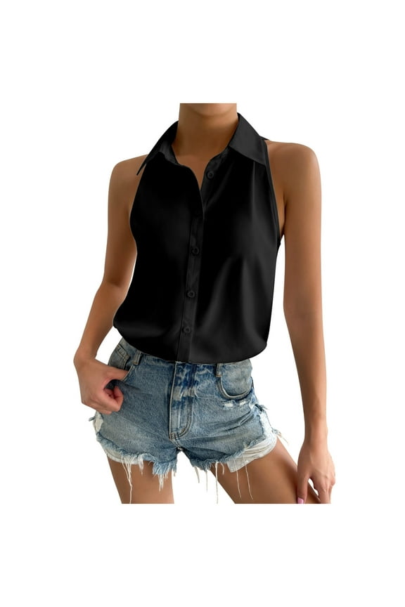 Women's Casual Sleeveless Collar Button Down Summer Shirt Blouse Top Black, L