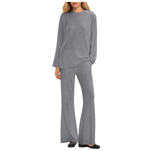 YDFCWXW Women's Casual Two-Piece Set – Round Neck Long Sleeve Top & Loose Fit Pants – Stylish Comfort Outfit Grey, XL