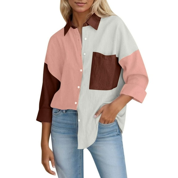 YDFCWXW Women's Color Block Long Sleeve Button Down Boyfriend Shirt Blouses White, XL