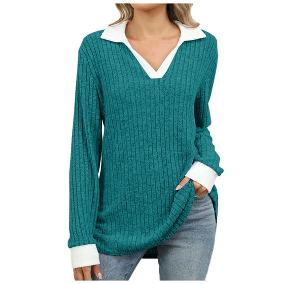 YDFCWXW Women's Contrast Collared Shirts Casual Long Sleeve Ribbed Fall Tops Lightweight Tunic Sweaters Dark Green, S