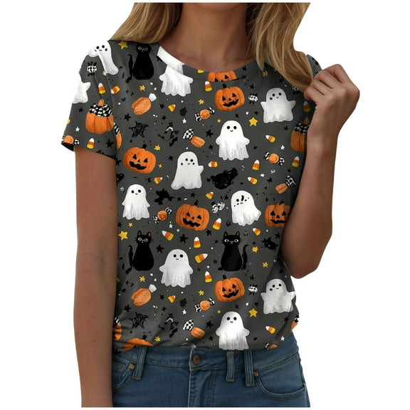YDFCWXW Women's Crew Neck Halloween T-Shirt - Whimsical Print Short Sleeve Top, Soft Cotton Tee for Parties & Spooky Season Fun Dark Gray, M