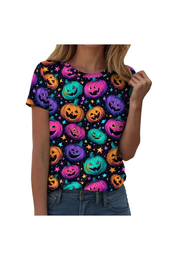 Women's Crew Neck Halloween T-Shirt - Whimsical Print Short Sleeve Top, Soft Cotton Tee for Parties & Spooky Season Fun Hot Pink, XXL