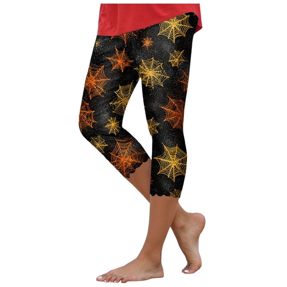 YDFCWXW Women's Cute Halloween Pumpkin Printed Tummy Control Elastic Waist Yoga Pants Workout Capri Leggings for Women Gold, L