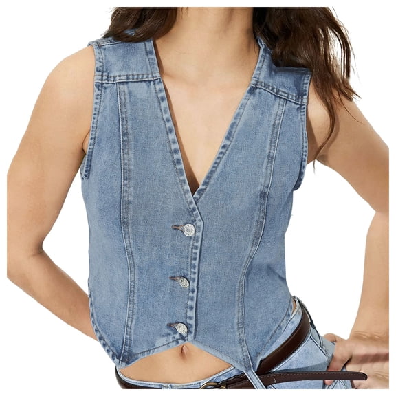 YDFCWXW Cropped Denim Vest Women Sleeveless Western Jean Vest Top for Women V-Neck Button Denim Top Vintage Sexy Y2K Waistcoat Gilet Dark Blue, XS