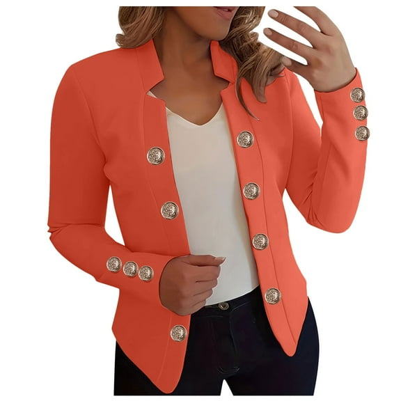 YDFCWXW Women's Double Slim Fit Blazers Notch Lapel Work Office Suits Casual Open Front Blazer Orange, L